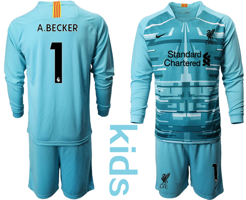Youth 2020-2021 club Liverpool blue long sleeved Goalkeeper #1 Soccer Jerseys->liverpool jersey->Soccer Club Jersey